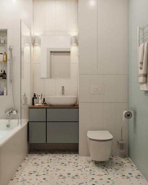 Приятный и нежный вариант интерьера ванной комнаты. 05