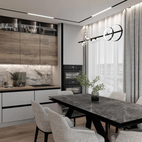 Стильное решение для кухни - гостиной в серой цветовой гамме. 01