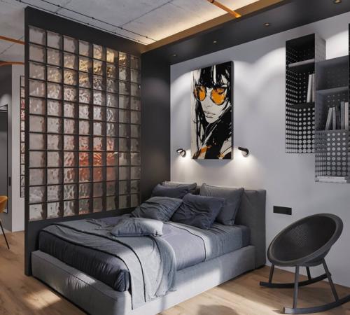 Оригинальный проект квартиры - студии 25, 4 м 2. интерьер с элементами лофта (бетонный потолок, открытая электропроводка. 08