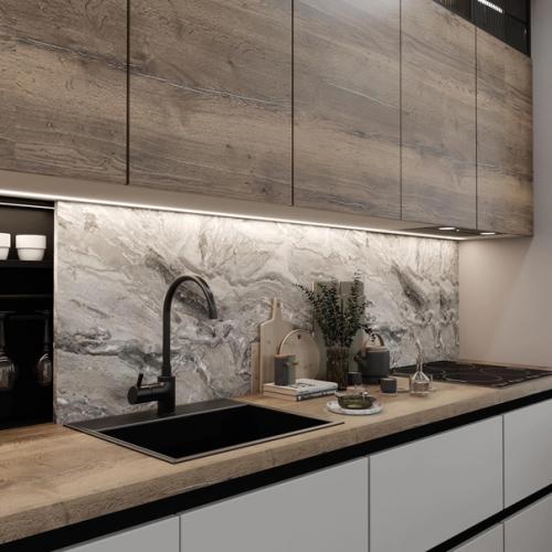 Стильное решение для кухни - гостиной в серой цветовой гамме. 05