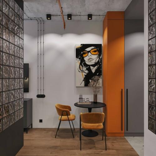 Оригинальный проект квартиры - студии 25, 4 м 2. интерьер с элементами лофта (бетонный потолок, открытая электропроводка. 05