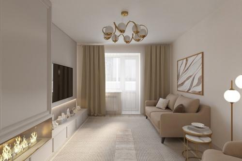 Дизайн интерьера гостиной в бежевых оттенках. 02
