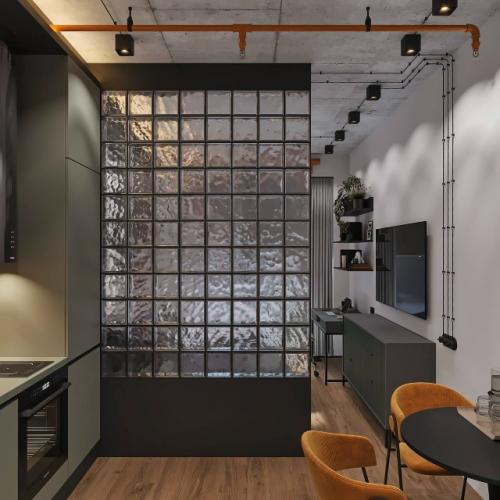 Оригинальный проект квартиры - студии 25, 4 м 2. интерьер с элементами лофта (бетонный потолок, открытая электропроводка. 06