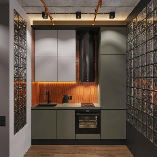 Оригинальный проект квартиры - студии 25, 4 м 2. интерьер с элементами лофта (бетонный потолок, открытая электропроводка. 01