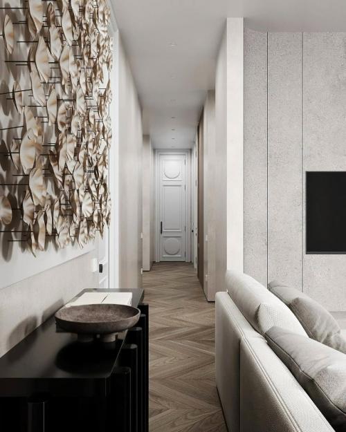 Просторная кухня - гостиная выполнена в светлых тонах. 07