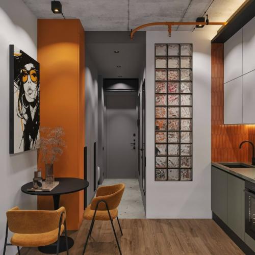 Оригинальный проект квартиры - студии 25, 4 м 2. интерьер с элементами лофта (бетонный потолок, открытая электропроводка. 03