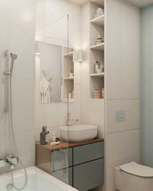 Приятный и нежный вариант интерьера ванной комнаты. 01