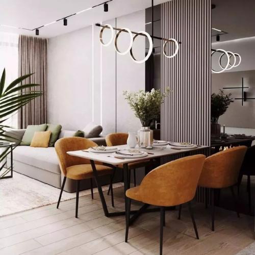 Грамотно созданный баланс между темным и светлым, с вкраплениями ярких акцентов создает неповторимый интерьер кухни - гостиной площадью 18 м. 04