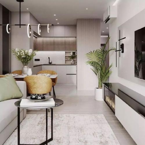 Грамотно созданный баланс между темным и светлым, с вкраплениями ярких акцентов создает неповторимый интерьер кухни - гостиной площадью 18 м. 07