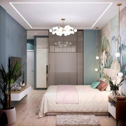 Нежнейшее сочетание цветов в спальне, к которой прилагается ванная комната. 01