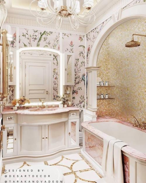 Школа ремонта.  Романтический интерьер ванной комнаты придется по нраву ценителям красоты и элегантности. 01