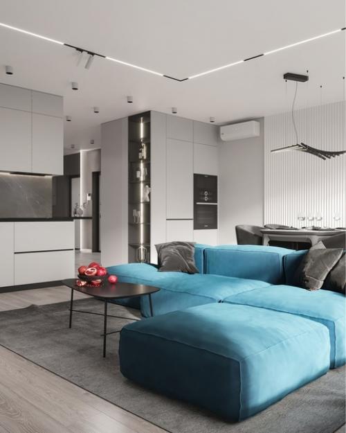 Школа ремонта.  Просторная кухня - гостиная, разделенная на зоны: обеденную со столом с видом на реку, и функциональную. 02