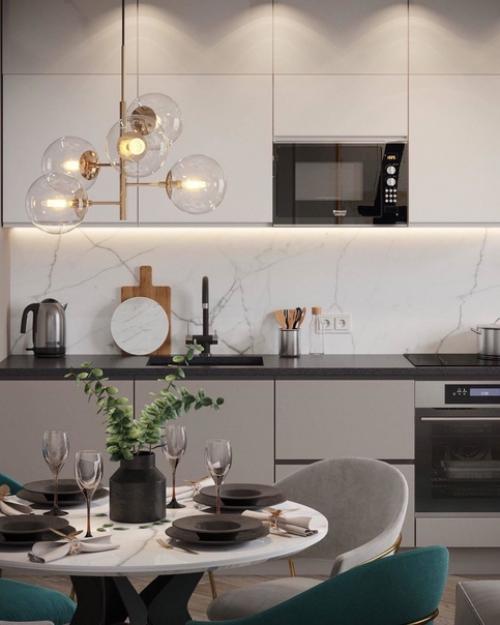 ЖК Черная речка кухня гостиная в современном стиле с элементами классики. 01