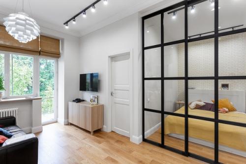 За счет раздвижных систем и перегородок удается с легкостью трансформировать интерьер и создать обособленную от гостиной спальню. 04