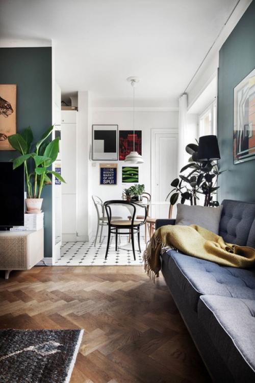 Небольшая квартира с зеленой гостиной (39 кв. 01