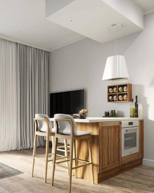 Кухня - гостиная в скандинавском стиле уютное пространство в светлых тоннах. 03