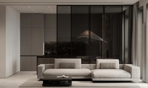 Добро пожаловать в кухню - гостиную в ЖК веллтаун, которая стала идеальным местом для молодой пары, предпочитающей минимализм и серые оттенки. 02