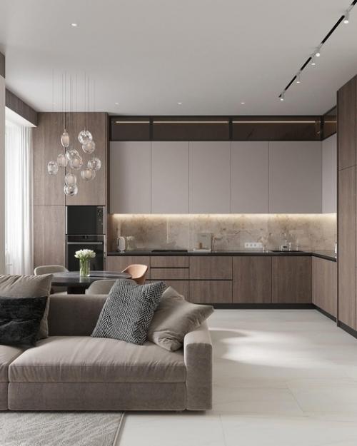 Интерьер гостиной. Тёплые спокойные тона, чёткие линии отделки и мебели. 02