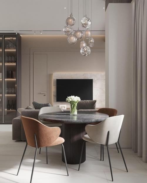 Интерьер гостиной. Тёплые спокойные тона, чёткие линии отделки и мебели. 08