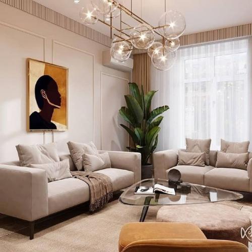 Интерьер гостиной комнаты площадью 19 м в смешанном стиле, здесь современная основа и точечные вкрапления элементов ар - деко. 01