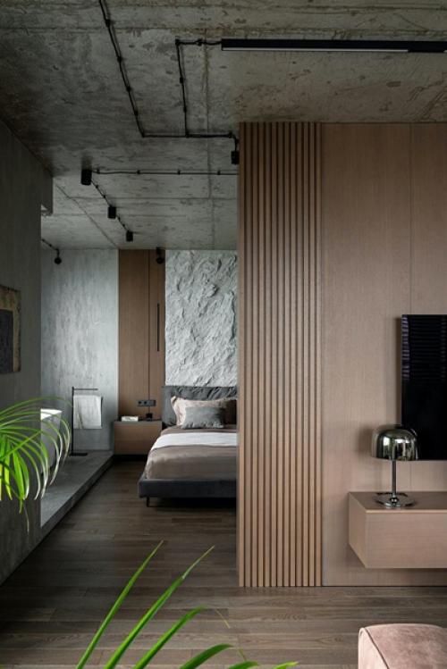 Реализованный интерьер бетонной квартиры с ванной у окна, в Казани. 05