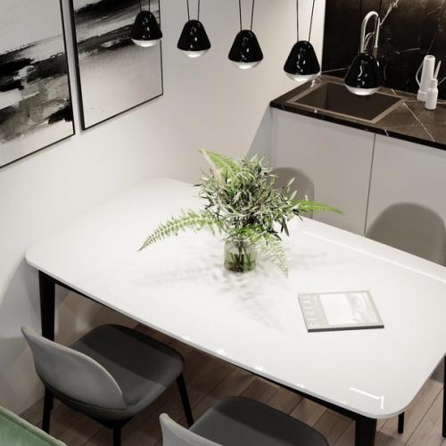 Светлая кухня, которая плавно переходит в гостиную. 07