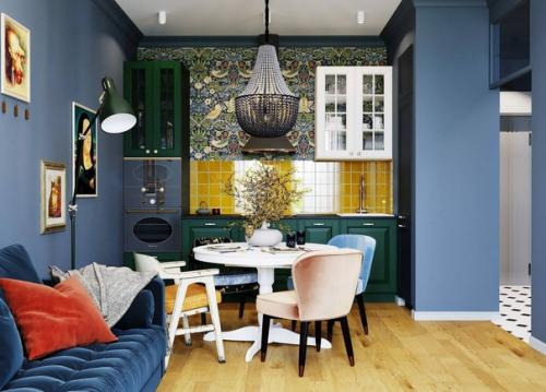 Яркий, атмосферный эклектичный интерьер кухни - гостиной в квартире площадью 40 кв. 02