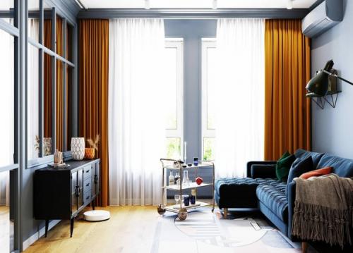 Яркий, атмосферный эклектичный интерьер кухни - гостиной в квартире площадью 40 кв. 01