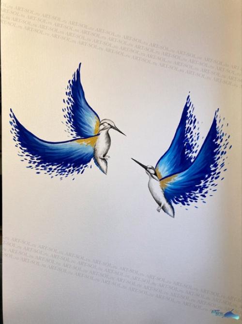 Птичек рисовали на сине - белой кухне, на обоях под покраску. 02