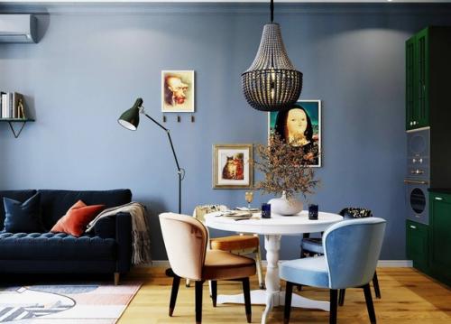 Яркий, атмосферный эклектичный интерьер кухни - гостиной в квартире площадью 40 кв. 05