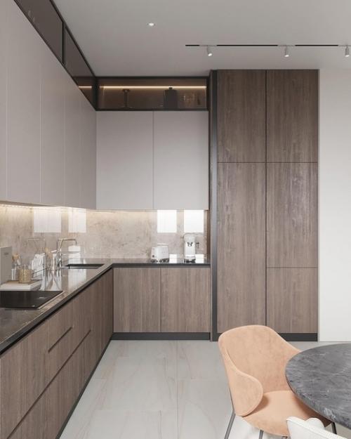 Интерьер гостиной. Тёплые спокойные тона, чёткие линии отделки и мебели. 01