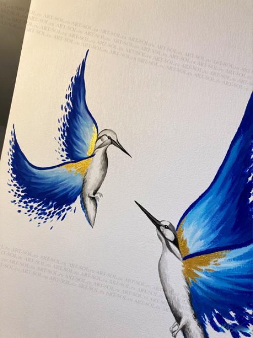 Птичек рисовали на сине - белой кухне, на обоях под покраску. 03