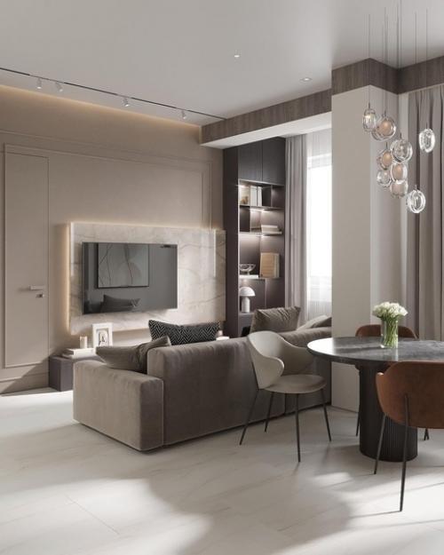 Интерьер гостиной. Тёплые спокойные тона, чёткие линии отделки и мебели. 05