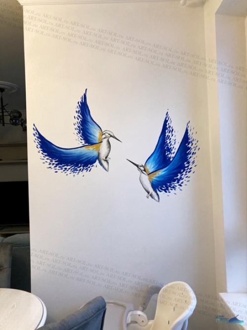 Птичек рисовали на сине - белой кухне, на обоях под покраску. 01