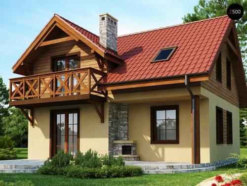 Проект: компактный дом с мансардой с камином на террасе.