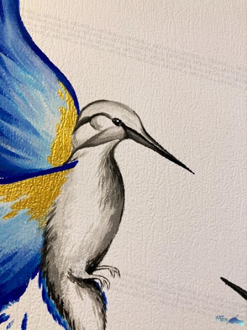 Птичек рисовали на сине - белой кухне, на обоях под покраску. 05