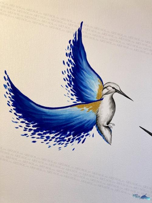 Птичек рисовали на сине - белой кухне, на обоях под покраску. 04