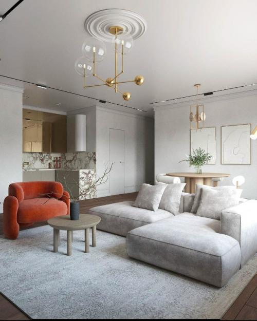 Эстетичный интерьер небольшой кухни - гостиной, где каждая деталь работает на ощущение роскоши и уюта одновременно. 01