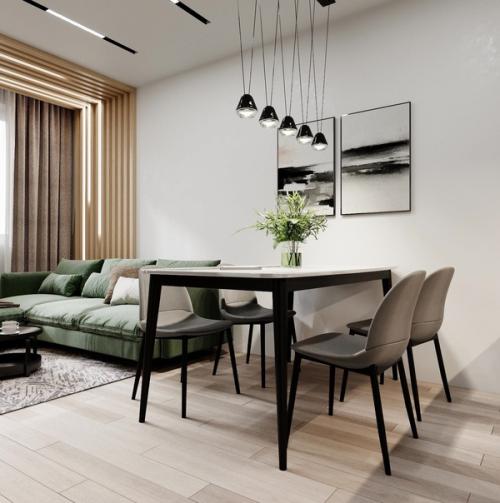 Светлая кухня, которая плавно переходит в гостиную. 06