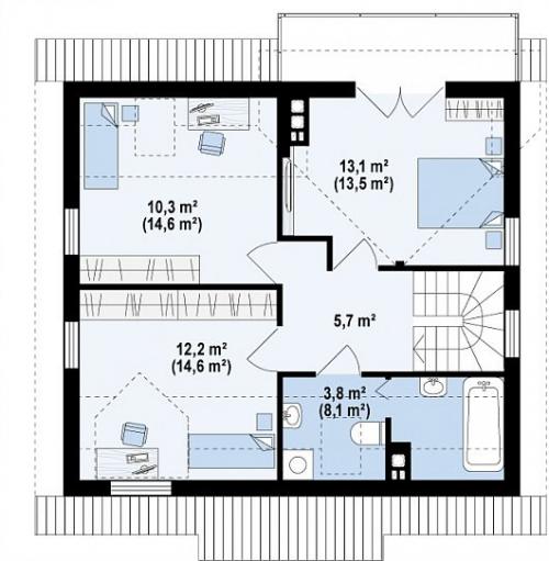 Проект: компактный дом с мансардой с камином на террасе. 02