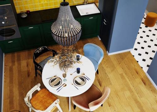 Яркий, атмосферный эклектичный интерьер кухни - гостиной в квартире площадью 40 кв. 07