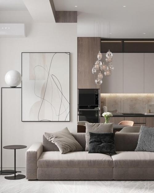 Интерьер гостиной. Тёплые спокойные тона, чёткие линии отделки и мебели. 07