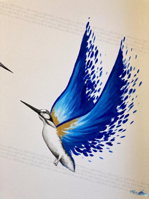 Птичек рисовали на сине - белой кухне, на обоях под покраску. 07