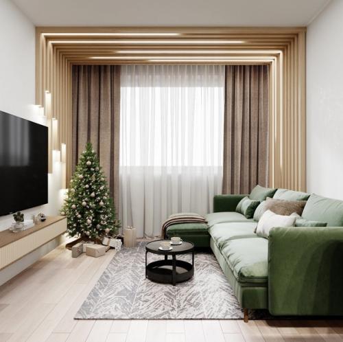 Светлая кухня, которая плавно переходит в гостиную. 01