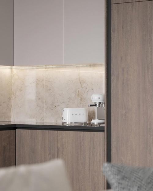 Интерьер гостиной. Тёплые спокойные тона, чёткие линии отделки и мебели. 04