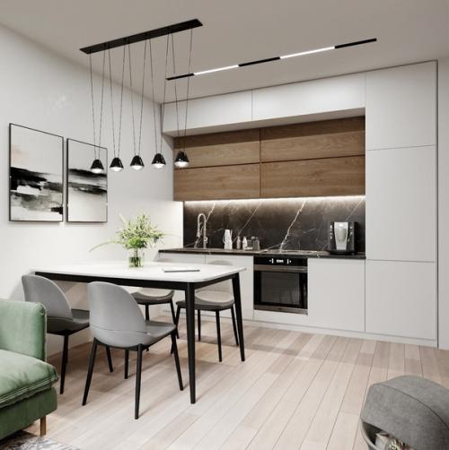 Светлая кухня, которая плавно переходит в гостиную. 05