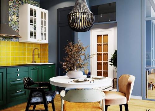 Яркий, атмосферный эклектичный интерьер кухни - гостиной в квартире площадью 40 кв. 04