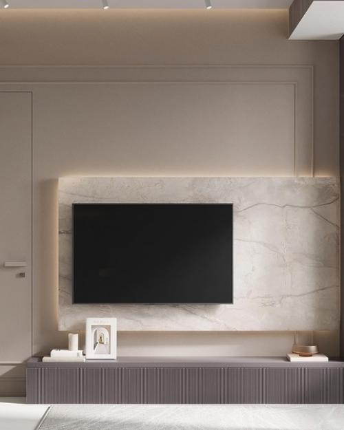 Интерьер гостиной. Тёплые спокойные тона, чёткие линии отделки и мебели. 06