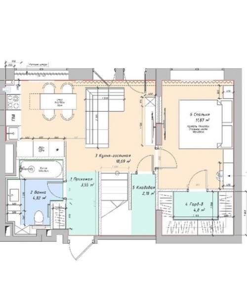 Кухня - гостиная, площадью 18, 69 кв. 07