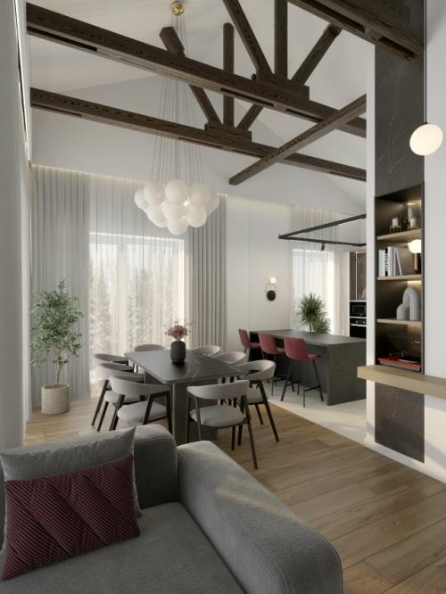 Воздушный и лаконичный интерьер кухни - гостиной 40 кв.  